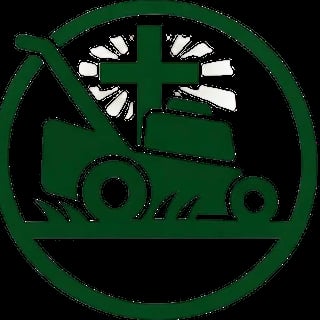 Green circular logo with a white cross and silhouette of a truck inside
